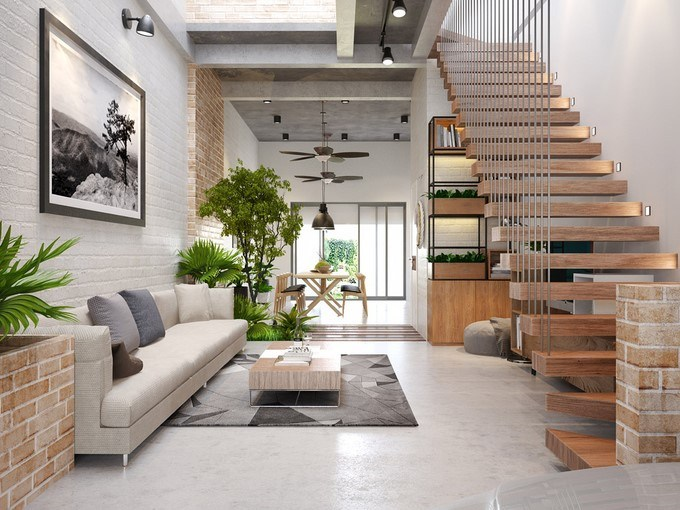 Ý tưởng thiết kế phòng khách đẹp có cầu thang giúp tận dụng tối đa không  gian